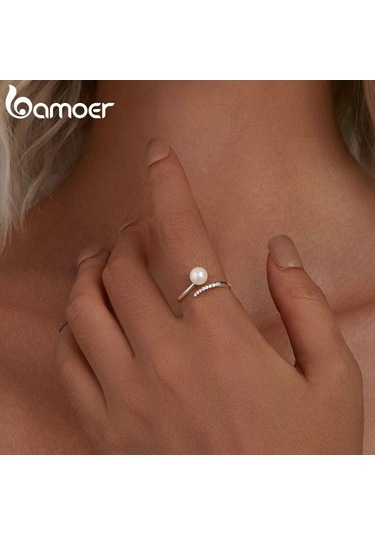 Bamoer 925 Ayar Gümüş Kaliteli Kabuk Inci Açılış Yüzük Zirkon Ayarlanabilir Yüzük Zarif Güzel Takı Kadınlar İçin