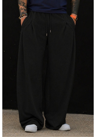 Tarz Cool Erkek Oversize Eşofman Altı Bağcıklı Rahat Kalıp Günlük Basic Jogger Pantolon Siyah