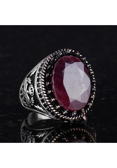Gerçek Doğal Taş Yüzük - El Yapımı Kartal Yüzüğü - 925 Ayar Gümüş Yüzük Yakut Gümüş