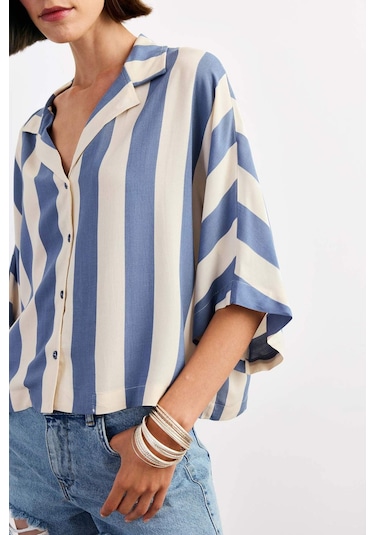 Defacto Oversize Geniş Kalıp Çizgili Kısa Kollu Gömlek G1324ax25smbe472 Mavi