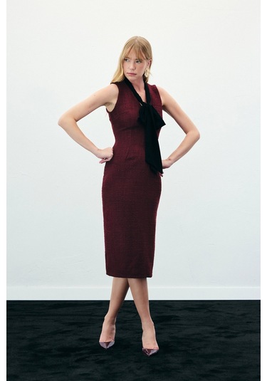Fularlı Kolsuz Tüvit Elbise - Bordo-136339 Bordo
