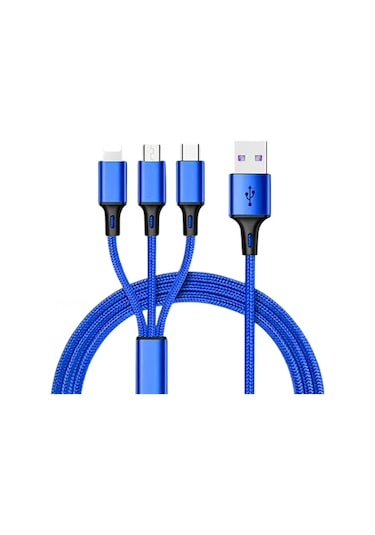 Hasır, 3 İn 1, Şarj Kablosu, Lightning & Micro Usb, Type-c, Ios, - Mavi