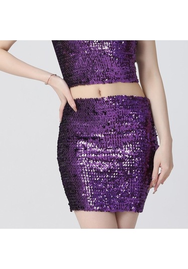 Fastbuy Suntek Moda Kadın Menekşe Renk Mini Pullu Kısa Bling Etek Kız Giyim Menekşe