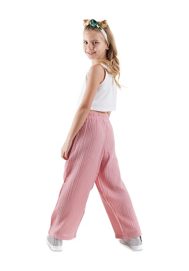 Denokids Çiçekli Kız Çocuk Pembe Müslin Pantolon Takım Renkli Çok Renkli