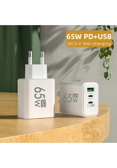 Dofolink 65w Hızlı Şarj Cihazı, 1u+2pd Çoklu Usb-c/usb Port, Avrupa Standartı, İphone Ve Android Uyumlu, Sarı