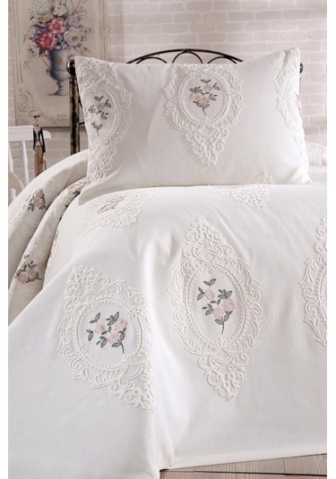 Gardenlove Nakışlı Şönil 2 Parça Tek Kişilik Yatak Örtüsü Krem Krem