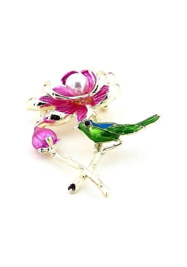 Solfera Pembe Lotus Çiçeği Daldaki Kuş Renkli Metal Broş Rz192
