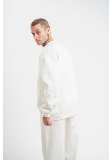 Unisex Uzun Kol Bisiklet Yaka Yıkamalı Sweatshirt - Beyaz Beyaz