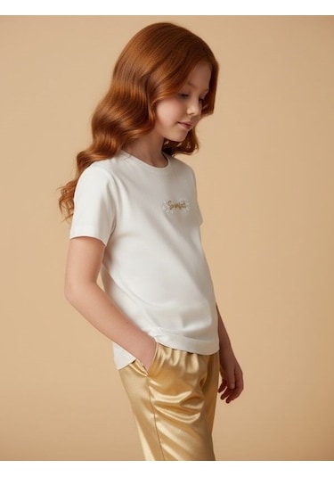 Zekids Kız Çocuk Tasarım T-shirt-17201 Ekru