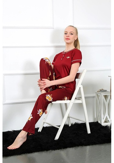 Giyim Kadın Bordo Kısa Kol Pijama Takım Bordo