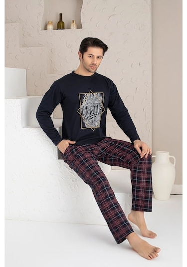 Lukitus Uzun Kol Sıfır Yaka Pamuklu Erkek Pijama Takımı Siyah Vlknekose Siyah