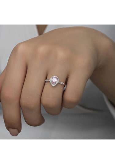 Gümüş Pembe Damla Taşlı Kadın Yüzük