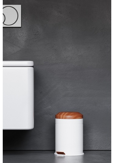 Zift Unique Paslanmaz Çelik Ahşap Kapak Desenli Vintage Çöp Kovası 5l Amortisör Yavaş Kapak Banyo-mutfak Kovalı Beyaz