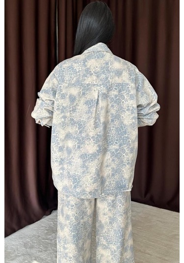 The İstanbul Mavi Leopar Desenli Ceket Ve Pantolon Keten Takım Mavi