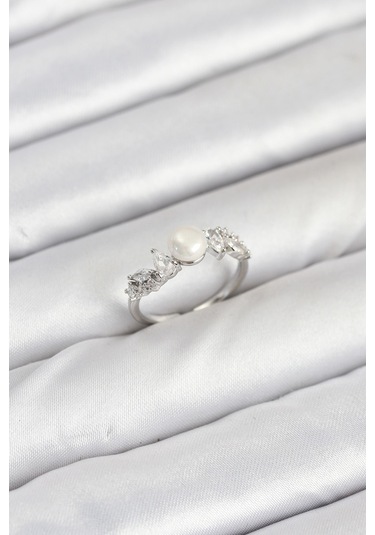 Pirinç Gümüş Renk Zirkon Taşlı İncili Model Kadın Yüzük Çok Renkli