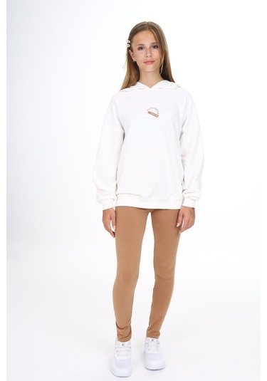 Toontoy Kız Çocuk Kapüşonlu Önü Yazı Baskılı Taytlı Takım Ekru