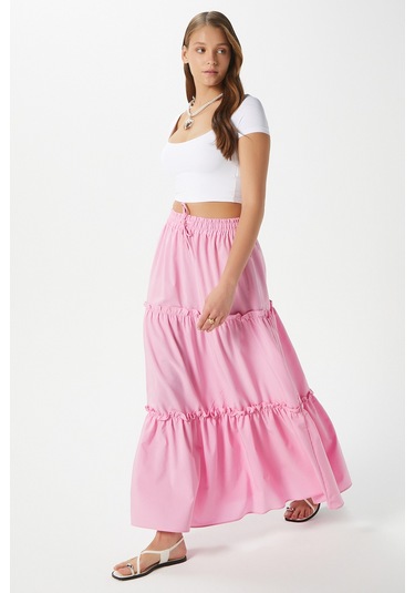 Kadın Elanora Pembe Astarlı Katlı Poplin Etek Pembe
