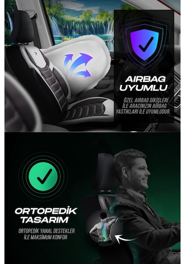 Siyah - Gri Garni Panda Manavgat Serısı Lakos Kumaş Oto Koltuk Kılıfı - Tam Set