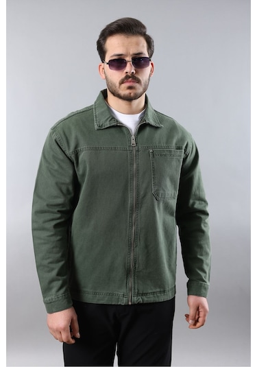 Erkek Regular Fit Haki Spor Model Fermuarlı Kot Ceket Haki