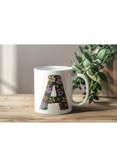 A Baş Harf Çiçek Desenleri İle Natural Tarz Kupa Bardak - Kişiye Özel Çiçekli Kahve Çay Bardak - Beyaz