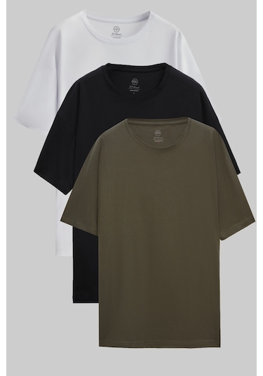 D's Damat Ds Damat Comfort Beyaz/siyah/haki 3'lü Bol Kesim %100 Pamuk T-shirt 6hc14ortbn036 Beyaz/siyah/haki