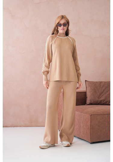 Kadın Dik Yaka Kazak Pantolon İkili Triko Takım Açık Camel