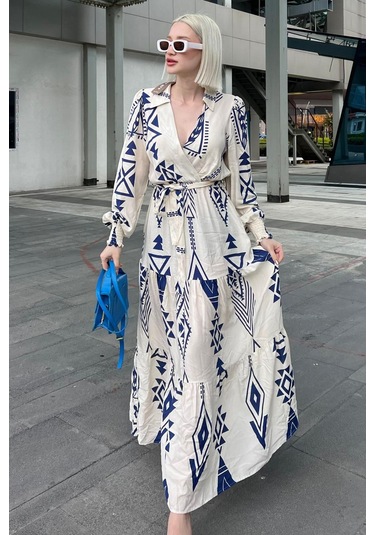Madmext Beyaz Desenli Kruvaze Yaka Uzun Kadın Elbise Mg2052-beyaz