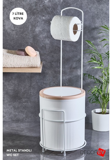 Decorev 7 Litre Banyo Mutfak Çöp Kovası Metal Standlı Tuvalet Wc Kağıtlık Seti Beyaz