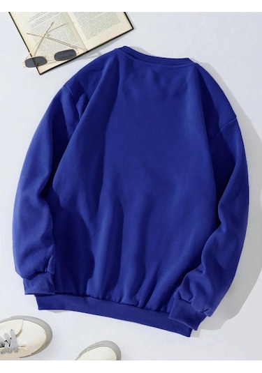 Unisex Oversize Bisiklet Yaka Basic Düz Sweatshirt - Saks Mavisi