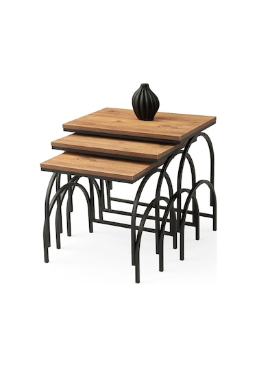 Mstr Ahşap 3 Lü Zigon Sehpa Siyah Metal Ayaklı Diş Budak Diş Budak