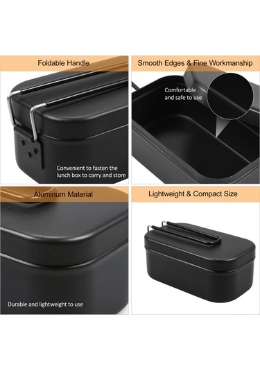 Mufunye Alüminyum 800ml Dış Etkinlikler İçin Hızlı Isıtma Kabiliyetli Kamp, Yürüyüş, Balıkçılık Mutfaklı Kare Yemek Kutusu Siyah Çok Renkli