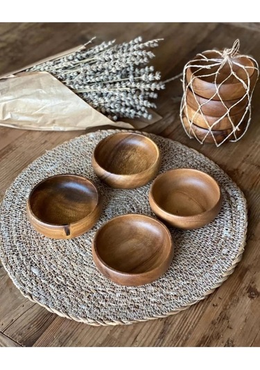 4'lü Yuvarlak Akasya Çerezlik Sunumluk Seti 10cm Aks-113 Ahşap