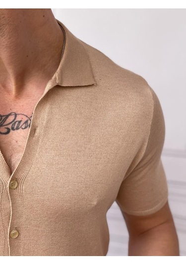 Modefendi Slim Fit Polo Yaka Triko Pamuk Kısa Kollu Gömlek Krem