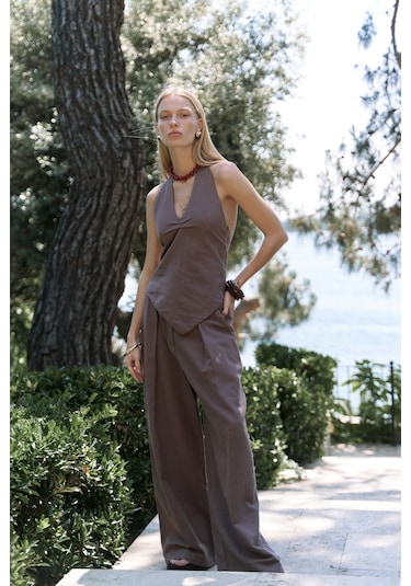 Mai Collection Mai Studios Co. Alidah Pileli Açık Kahve Bol Paça Pantolon Kahve
