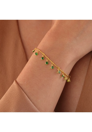 Queen Silver Jewelry 925 Ayar Gümüş Ful Sallantılı Yeşil Renk Geçişli Bileklik Altın