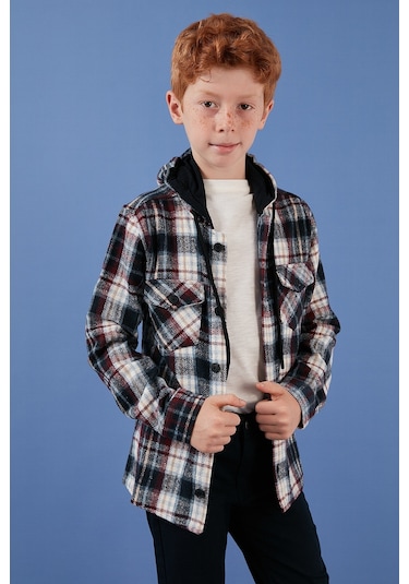 Lela Ekoseli Kapüşonlu Cepli Kışlık Oduncu Erkek Çocuk Gömlek Cf24W81779 Lacivert