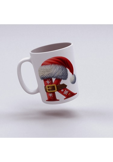 K Harfi Yılbaşı Temalı Bardak 330 Ml Harfli Kişiye Özel Hediye - Yeniyıl / Noel Şapka Tasarım Beyaz