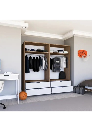 Nisan Açık Ceviz-beyaz 4 Kapılı 4 Çekmeceli Elbise Dolabı - Gardırop Seti Açık Ceviz & Beyaz