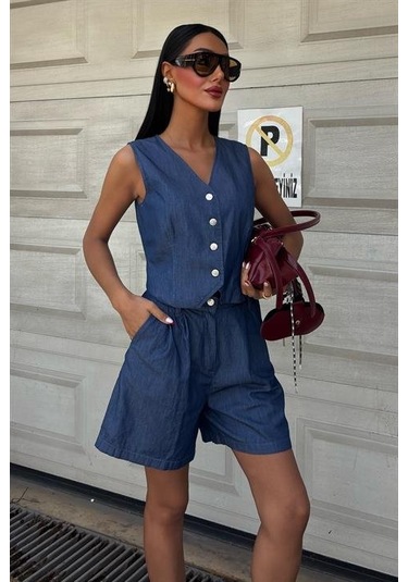 Gümüş Düğmeli Yelek Ve Şort Tensel Takım 10174 Koyumavi