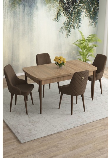 Meri Serisi 80x132 Açılabilir Mdf Meşe Masa Takımı 4 Lacivert Sandalye Kahve Ayak Kahverengi