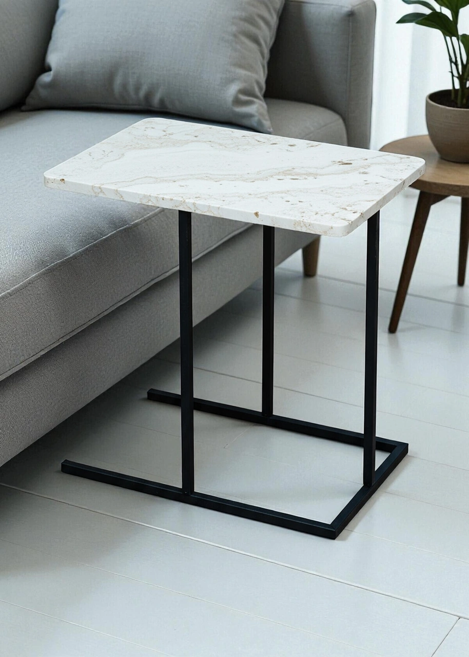 Dekoratif Beyaz Metal Yan Sehpa Ahşap Raflı Koltuk Yanı Servis Sehpası Çok Amaçlı Zigon C Sehpa Beyaz