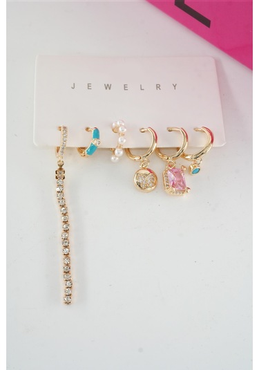 By Zeyna Aksesuar Kadın Vip Seri Özel Tasarım Baget Zirkon Taşlı 6'lı Küpe Seti-4475 Altın