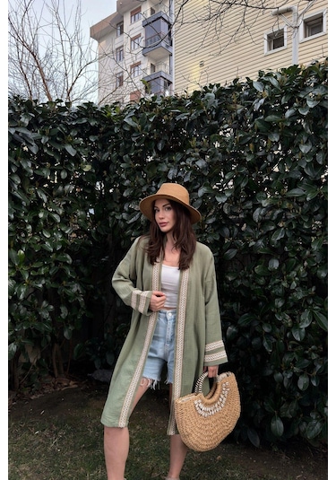 Kadın Hakı Müslin Kumaş, Hasır Şerit Detaylı Salaş Kimono Ceket Haki