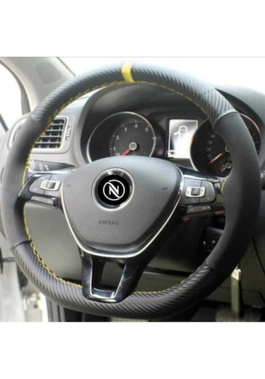 Oto Direksiyon Kılıfı Karbon Alkantra Yüzüklü Model Sarı Dikişli