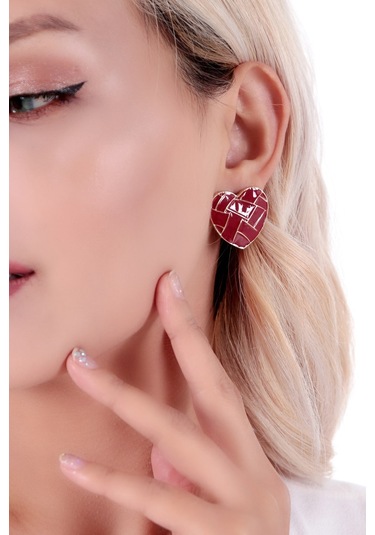 Bhs Life Kadın 925 Ayar Gümüş Kalp Kırmızı Desenli Seramik Küpe Gümüş