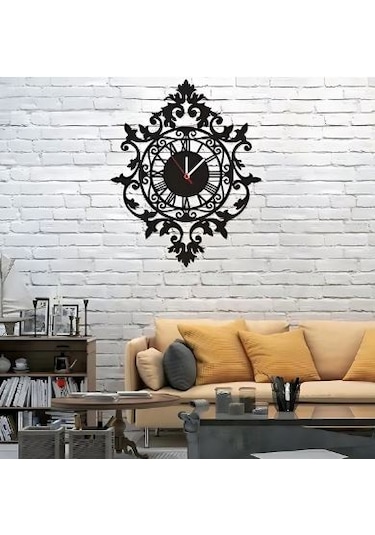 Dekoratif Siyah Desenli Ahşap Duvar Saati Siyah
