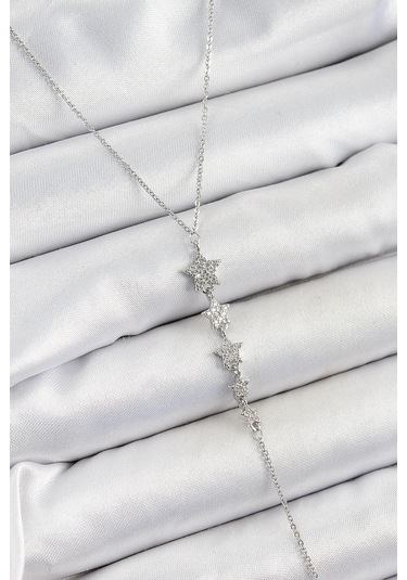 Pirinç Zirkon Taşlı Sıralı Yıldız Figürlü Y Model Gümüş Renk Kadın Kolye Çok Renkli