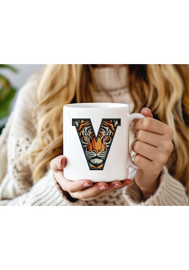 V Harfi Kaplan Figürlü Nakış Desenli Kupa Bardak - Kişiye Özel Vahşi Hayvan Desenli Kupa - Hediye Beyaz