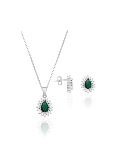 Kadın Gümüş Set Zümrüt Taşlı Kolye Küpe İkili Set 925 Ayar St119 Gümüş