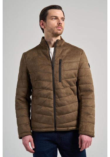 Koyu Haki Dik Yaka Yan Cep Dolum Şişme Standart Fit Esnek Casual Deri Mont 1038245167 Haki